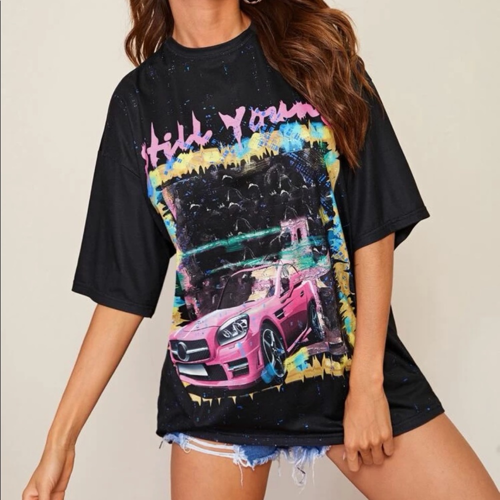SHEIN Drop Shoulder Letter and Car Print Top